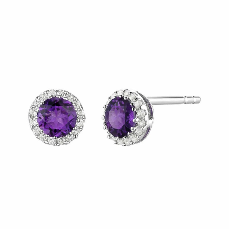 Earrings * | Clearance Diamond And Amethyst Stud Earrings In 14K White Gold