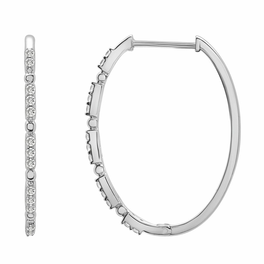 Earrings * | Prefential Price Diamond Oval Hoop Earrings In 10K White Gold (1/4 Ct. Tw.)