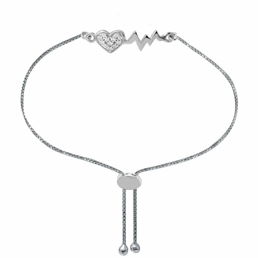 Bracelets * | Super Specials Lab Created White Sapphire Heartbeat Bolo Bracelet In Sterling Silver