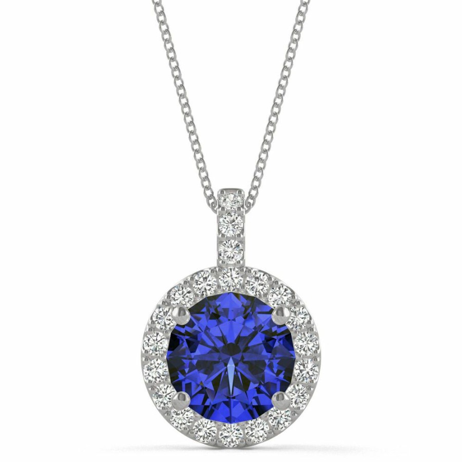 Pendants * | Special Price Moissanite & Lab Created Blue Sapphire Halo Pendant In 14K White Gold