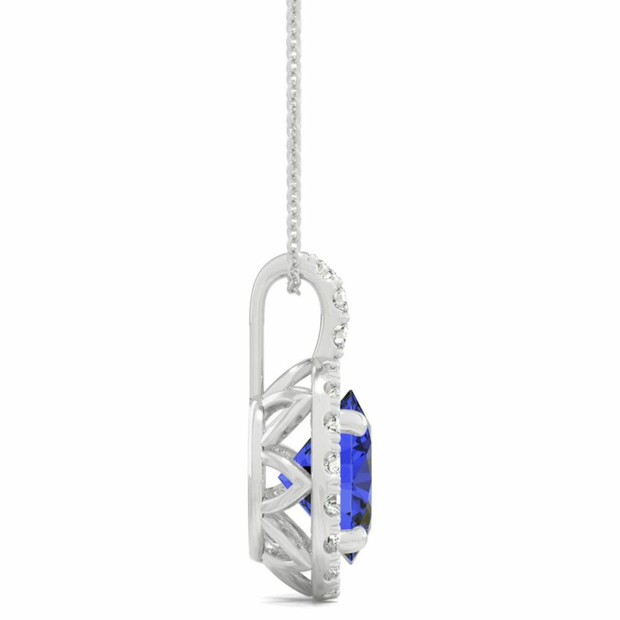 Pendants * | Special Price Moissanite & Lab Created Blue Sapphire Halo Pendant In 14K White Gold