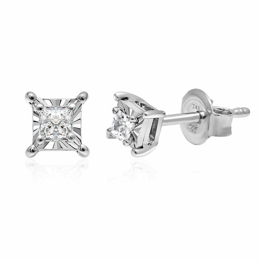 Earrings * | Clearance Princess-Cut Diamond Solitaire Earring In 10K White Gold (1/10 Ct. Tw.)