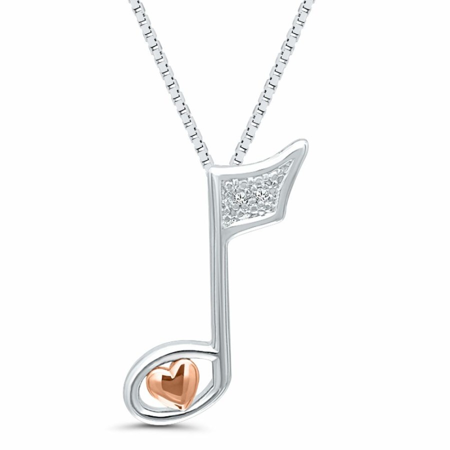 Pendants * | Special Offers Diamond Accent Music Note Pendant In Sterling Silver And 14K Rose Gold