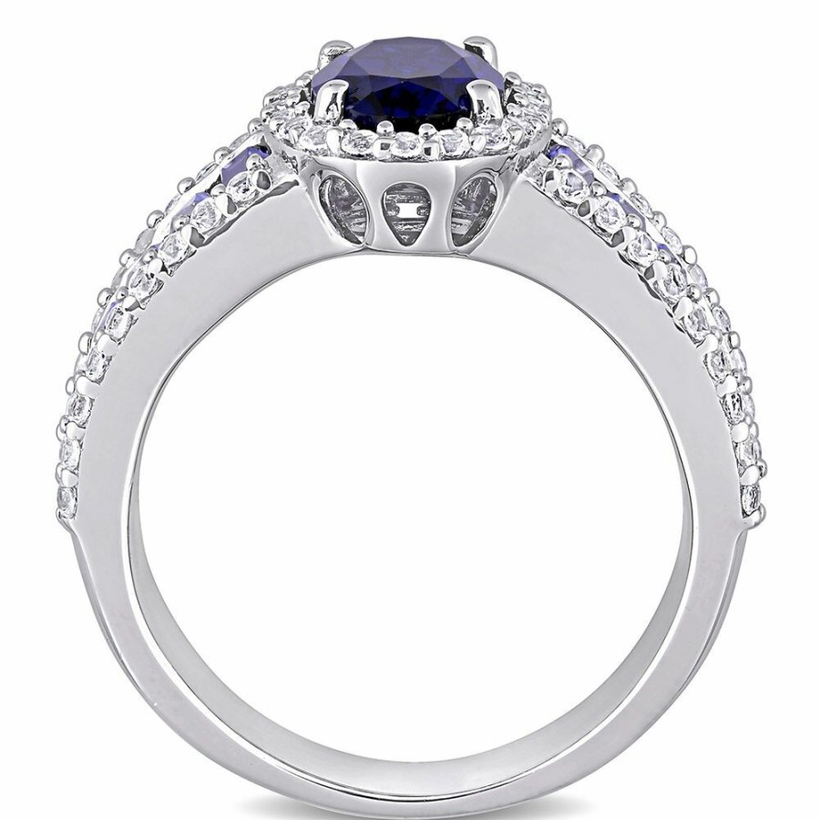 Rings * | Clearance Sale Oval Lab Created Blue & White Sapphire Halo Ring In Sterling Silver