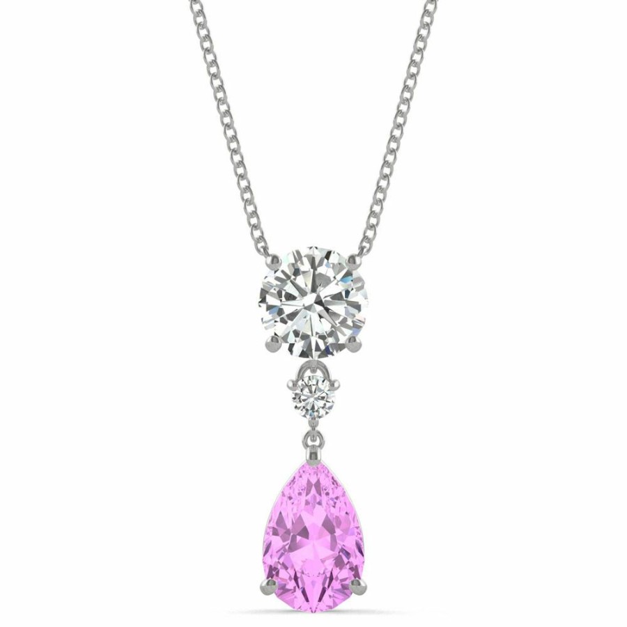 Pendants * | Clearance Sale Moissanite & Lab Created Pear-Shaped Pink Sapphire Pendant In 14K White Gold