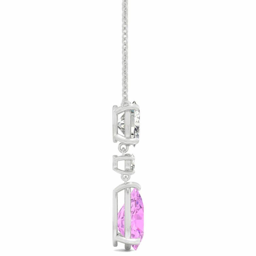 Pendants * | Clearance Sale Moissanite & Lab Created Pear-Shaped Pink Sapphire Pendant In 14K White Gold