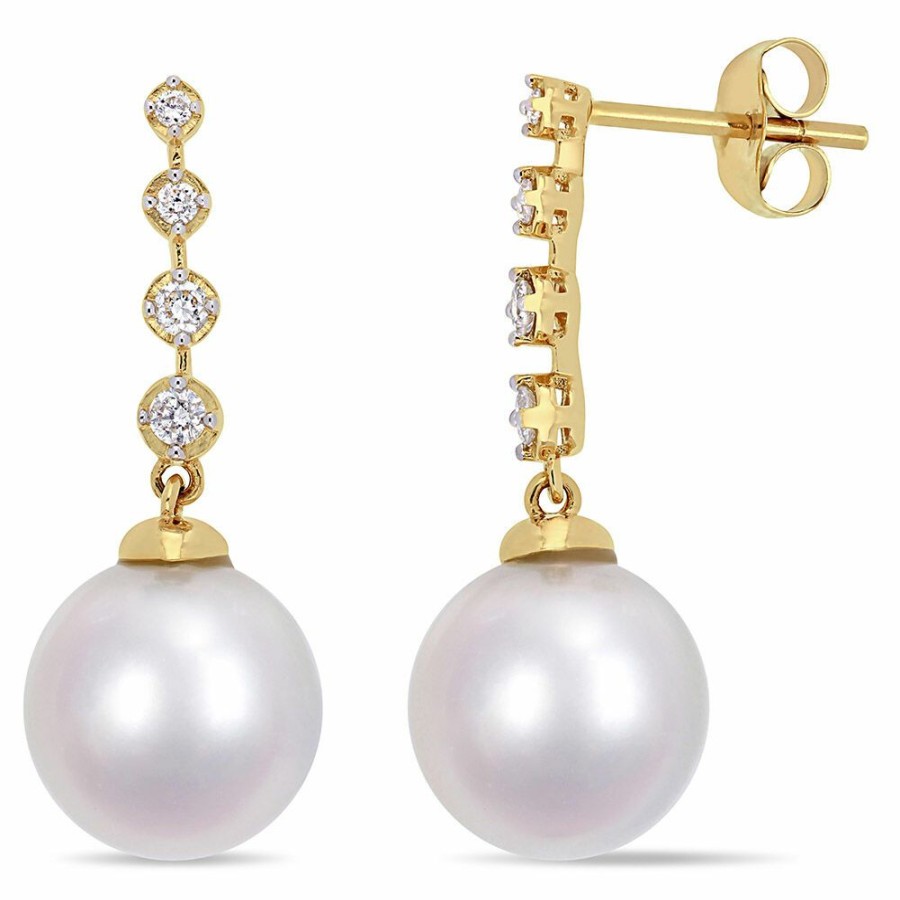 Earrings * | Special Offers South Sea Pearl Earrings With Diamond Drop In 14K Yellow Gold (1/7 Ct. Tw.)