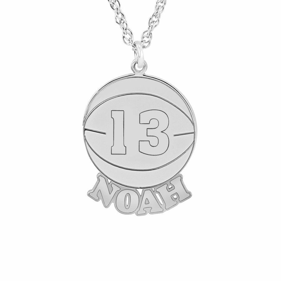 Pendants * | Half Off Personalized Nameplate Basketball Pendant In Sterling Silver