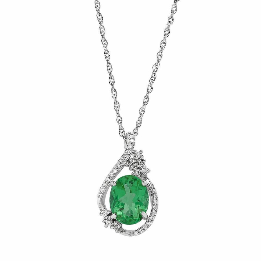 Pendants * | Clearance Sale Lab Created Emerald And 1/10 Ct. Tw. Diamond Pendant In Sterling Silver