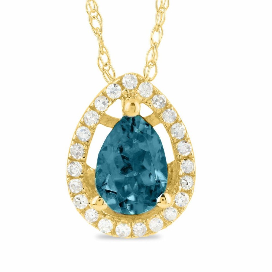 Pendants * | Special Offers Pear-Shaped Blue Topaz Pendant With Diamond Accents In 14K Yellow Gold