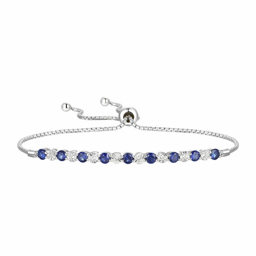 Bracelets * | Sales Online Lab Created Blue Sapphire & Diamond Bolo Bracelet In Sterling Silver