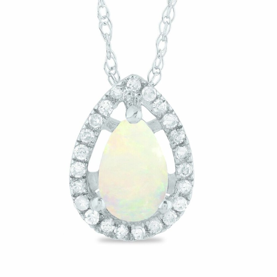 Pendants * | Half Off Pear-Shaped Opal Pendant With Diamond Accents In 14K White Gold