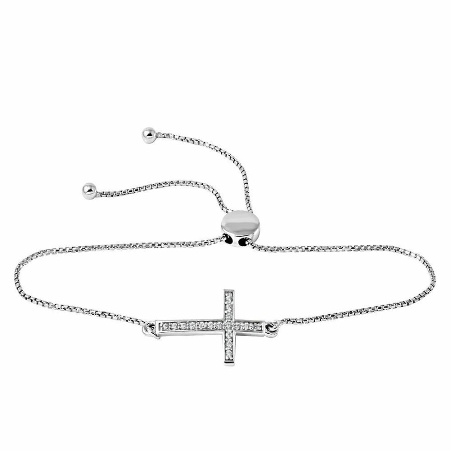 Bracelets * | Special Price Rhythm & Muse Lab Created White Sapphire Cross Bolo Bracelet In Sterling Silver