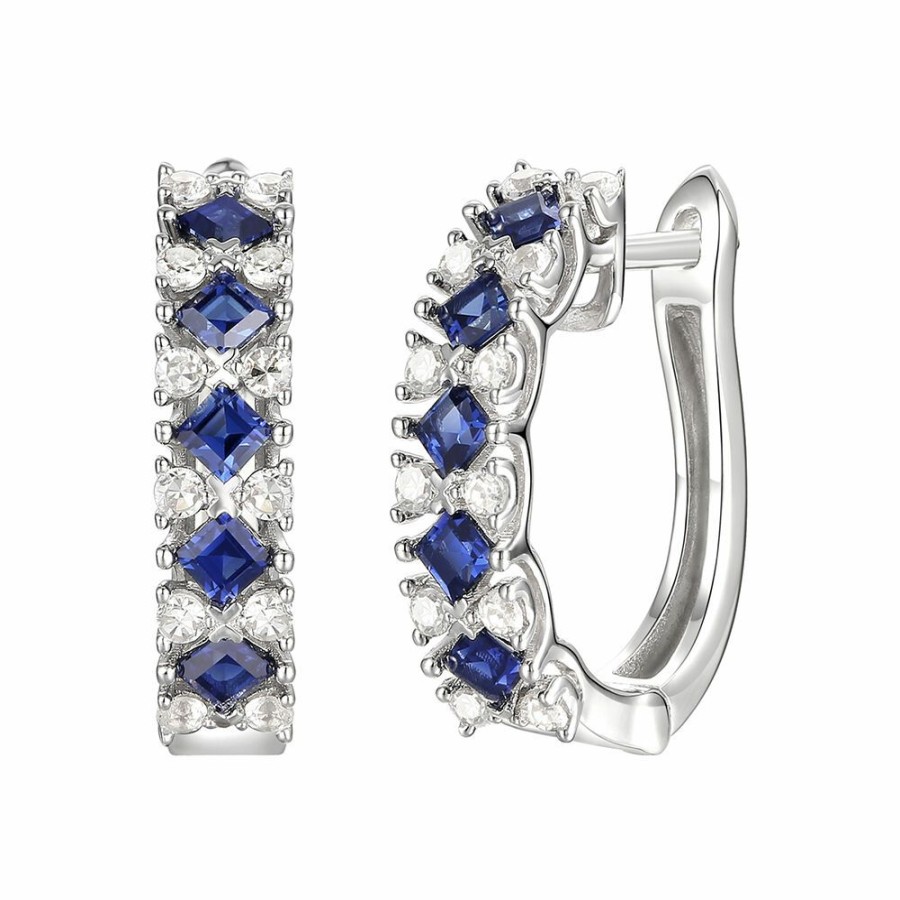 Earrings * | Clearance Blue Sapphire & Diamond Hoop Earrings In 10K White Gold (1/3 Ct. Tw.)