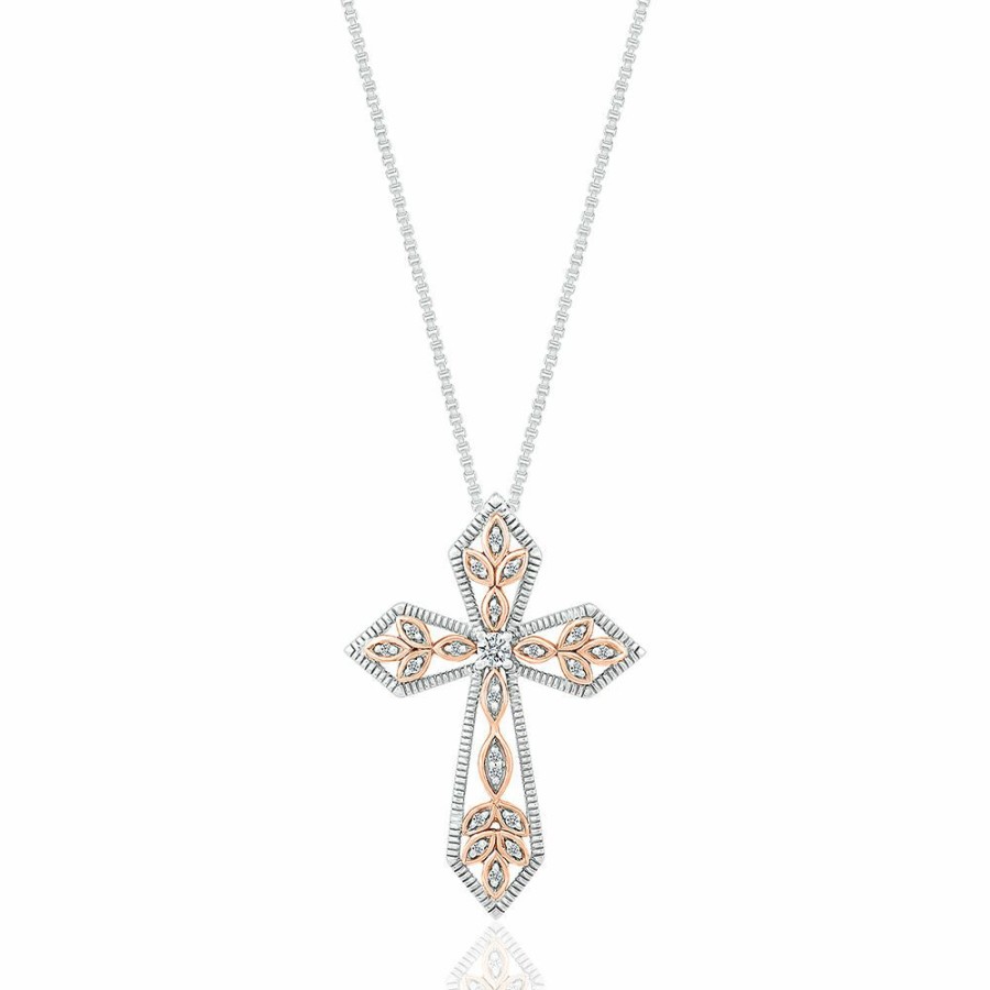 Pendants * | Sales Online Diamond Filigree Open Cross Pendant In Sterling Silver & 10K Rose Gold