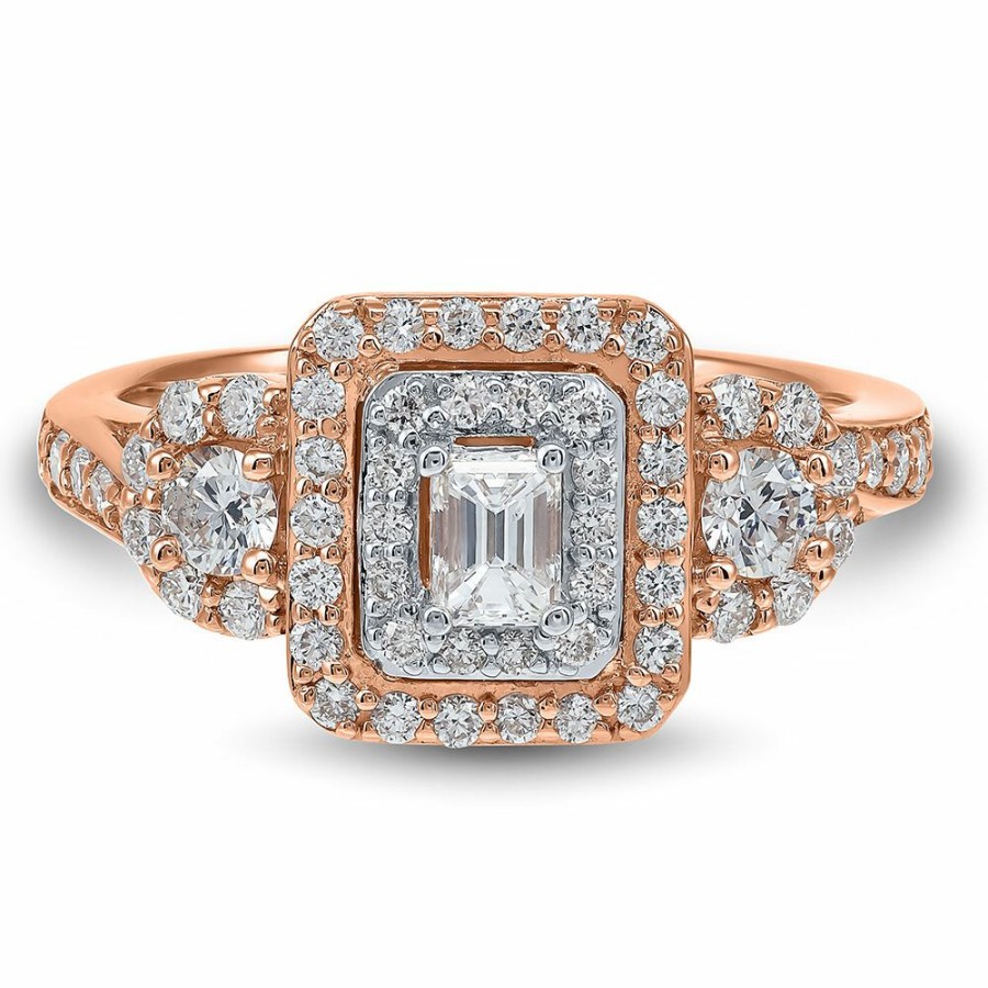 Rings * | Discount Online Double Halo Emerald-Cut Diamond Engagement Ring In 14K Rose Gold (1 Ct. Tw.)