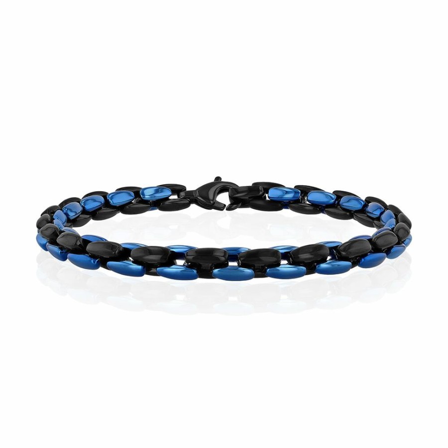 Bracelets * | Special Offers Men'S Two-Tone Link Bracelet In Black & Blue Ion-Plated Stainless Steel