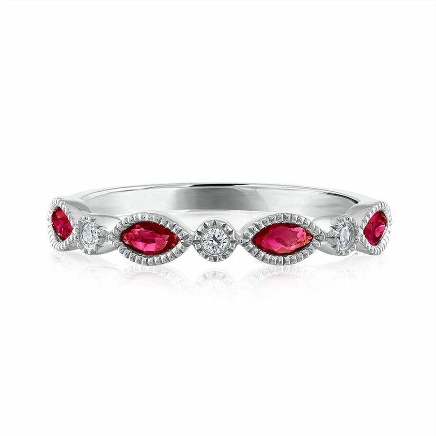 Rings * | Clearance Sale Ruby & Diamond Accent Stack Ring In 14K White Gold