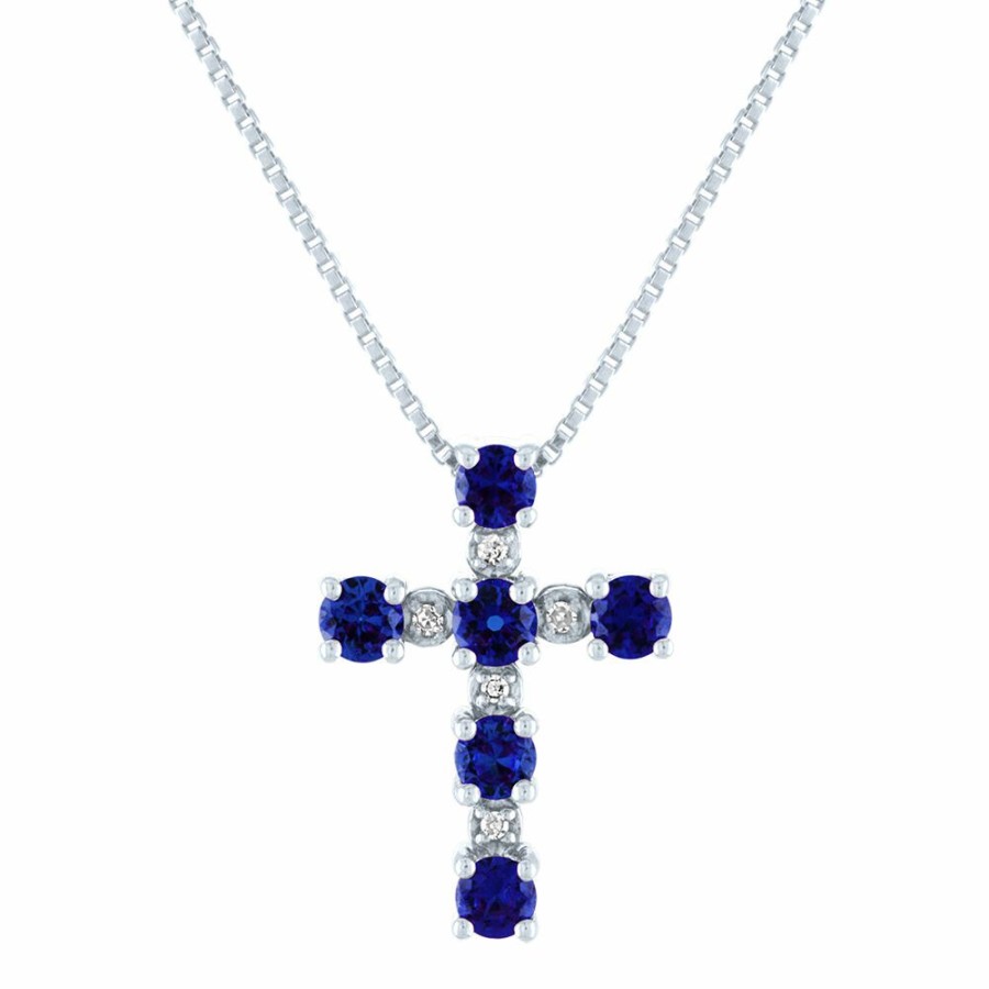 Pendants * | Sales Online Sapphire & Diamond Cross Pendant In 10K White Gold