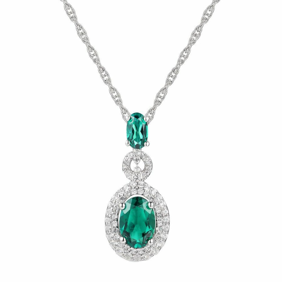 Pendants * | Special Price Lab Created Emerald & White Sapphire Pendant In Sterling Silver