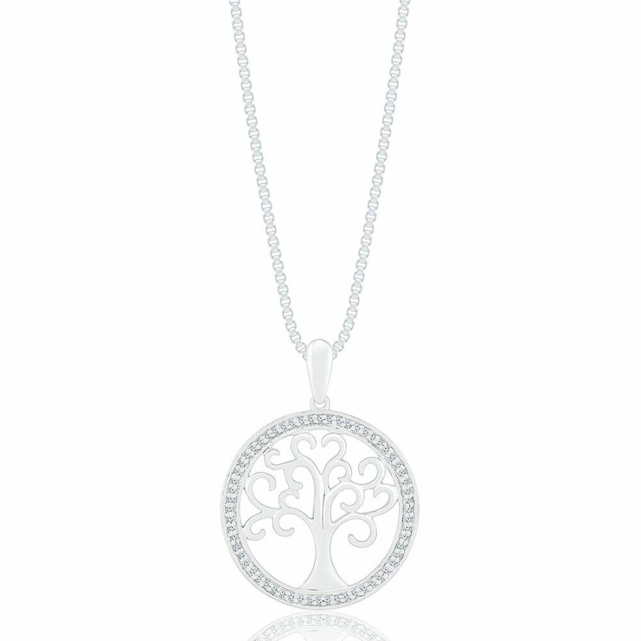 Pendants * | Super Specials 1/8 Ct. Tw. Diamond Tree Medallion Pendant In Sterling Silver