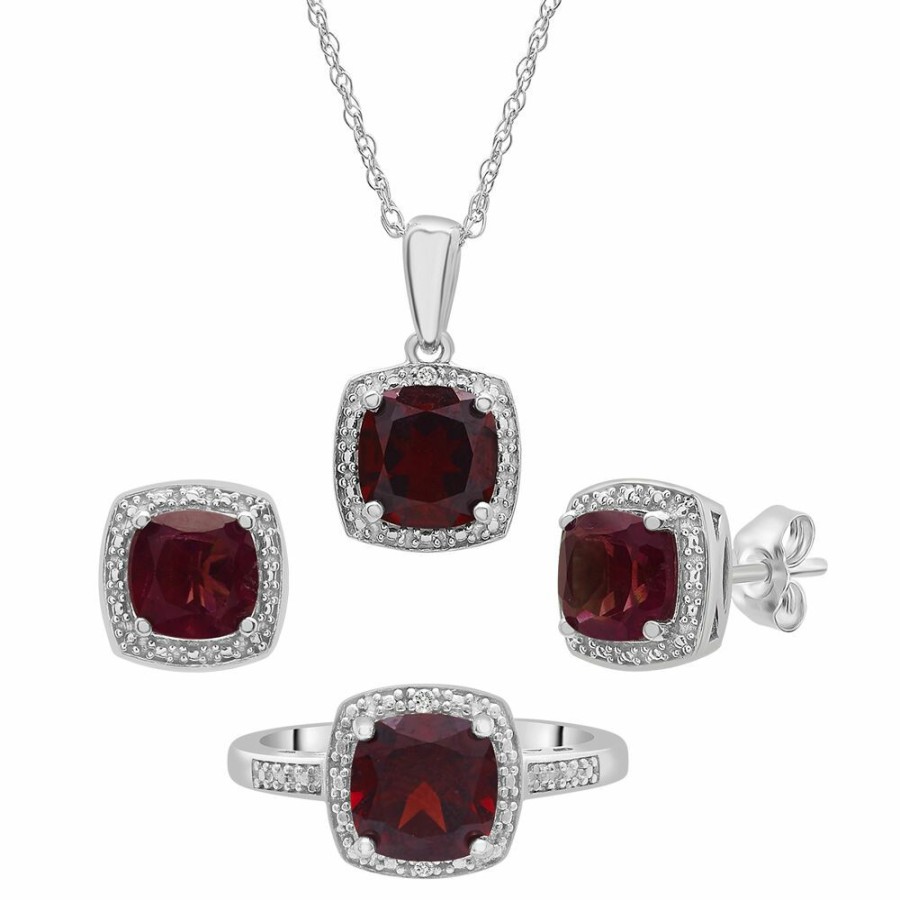 Rings * | Sales Online Garnet & Diamond Accent Cushion-Cut Halo Boxed Set In Sterling Silver