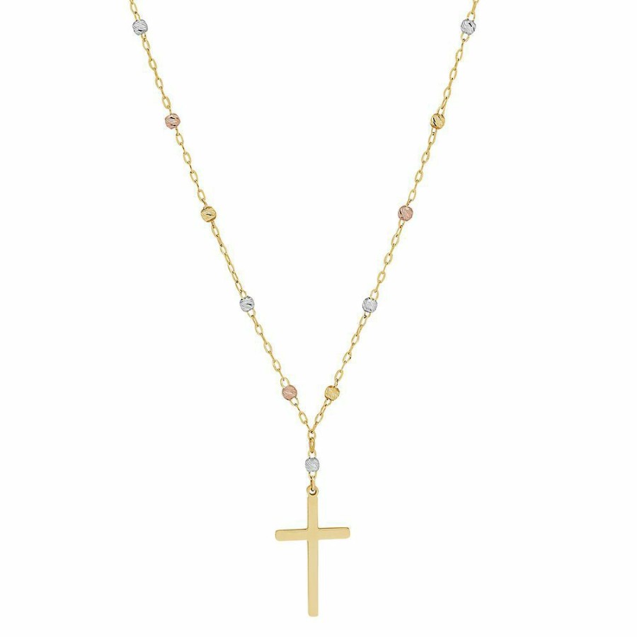 Necklace * | Sales Online Tricolor Bead Cross Necklace In 14K Gold