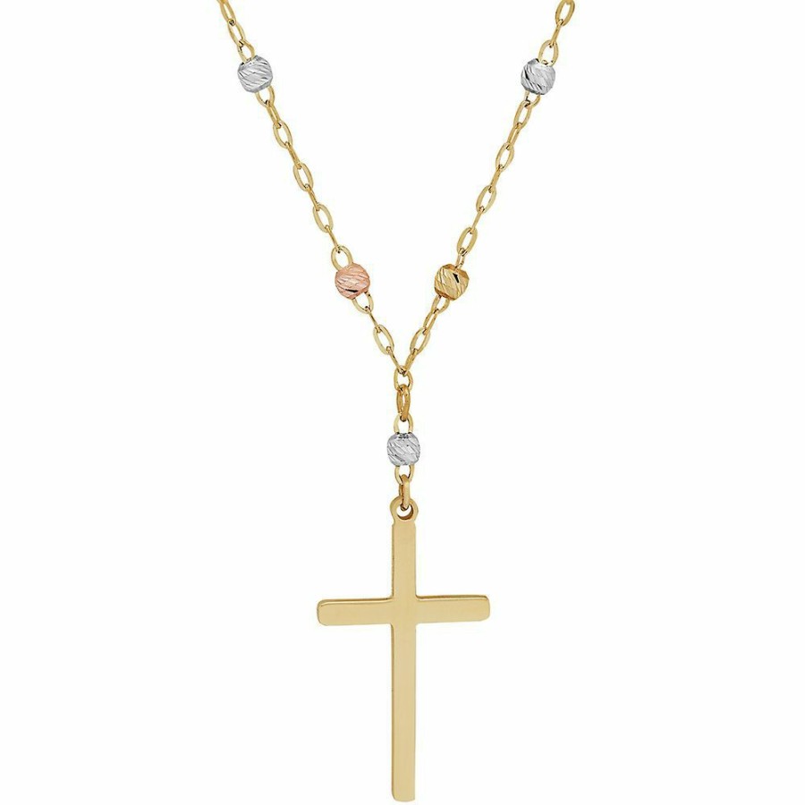 Necklace * | Sales Online Tricolor Bead Cross Necklace In 14K Gold