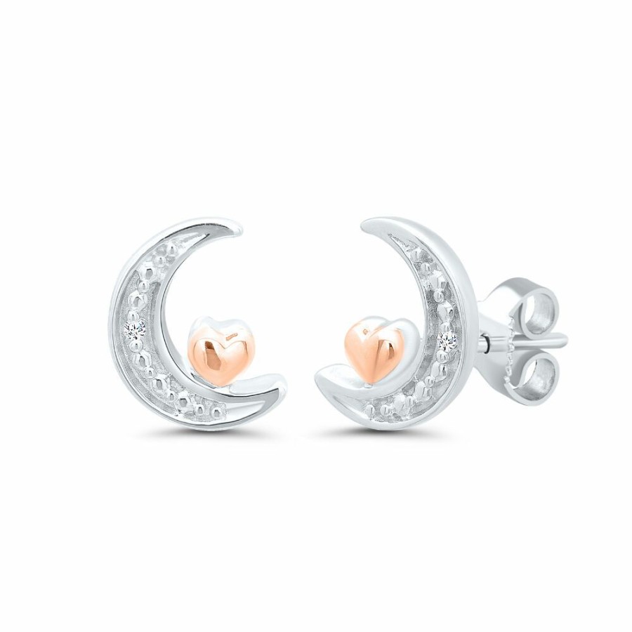 Earrings * | Clearance Sale Moon Stud Earrings With Diamond Accents In Sterling Silver