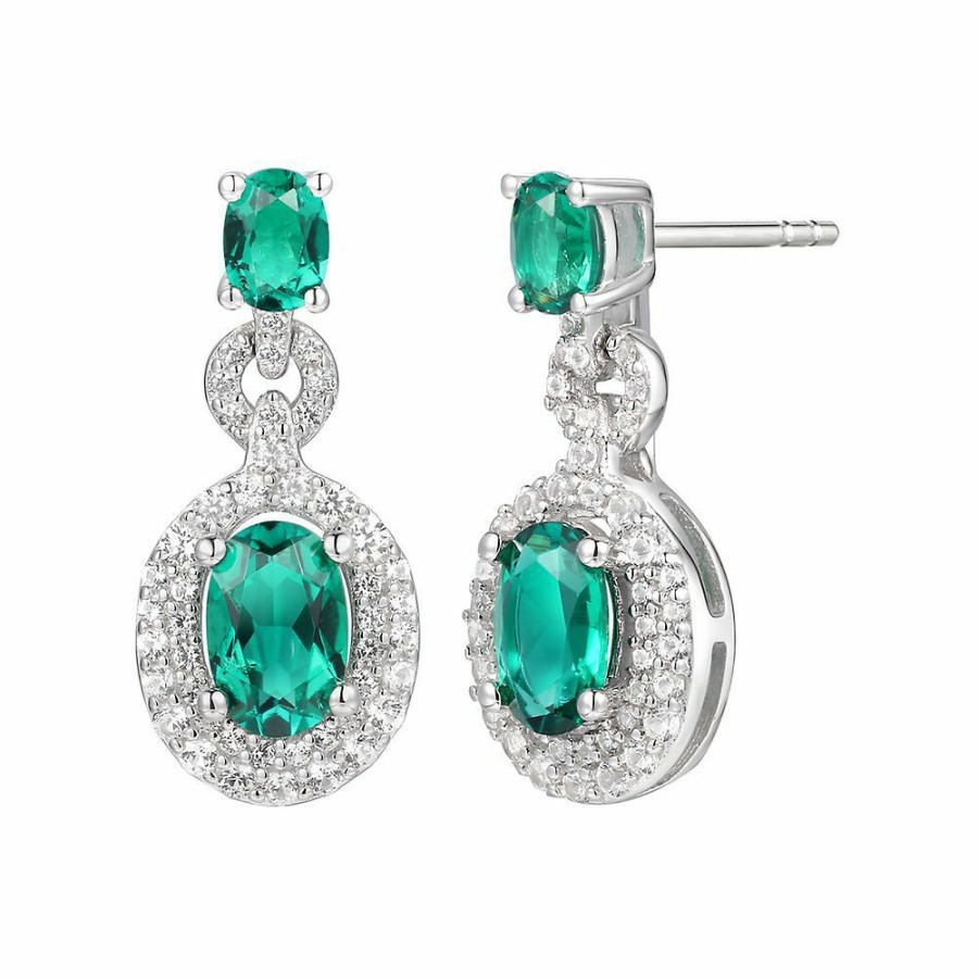 Earrings * | Discount Online Lab Created Emerald & White Sapphire Drop Earrings In Sterling Silver