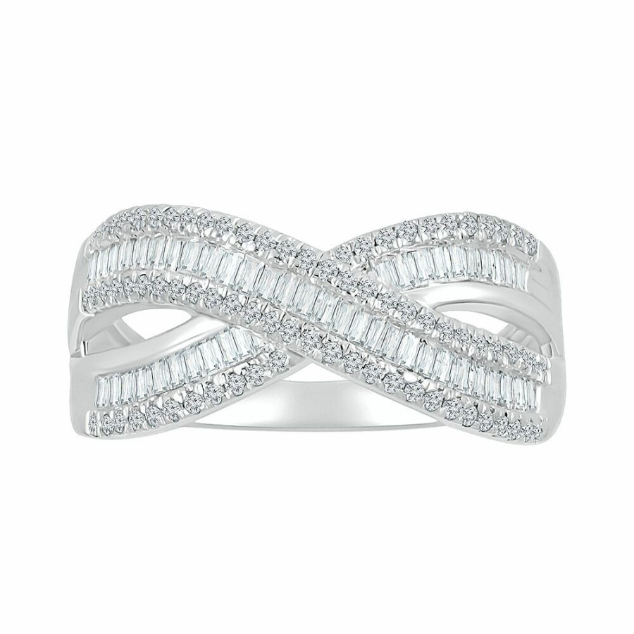 Rings * | Super Specials Crossover Ring With Baguette Diamonds In 10K White Gold (5/8 Ct. Tw.)