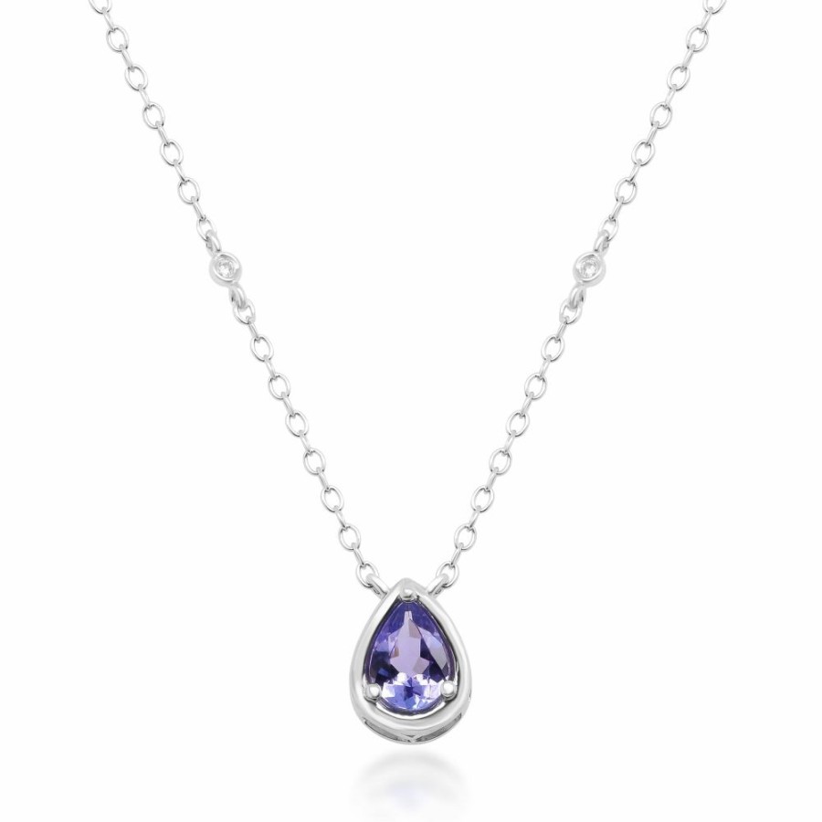 Pendants * | Special Price Tanzanite And Diamond Accent Pendant With Bezel Setting In Sterling Silver