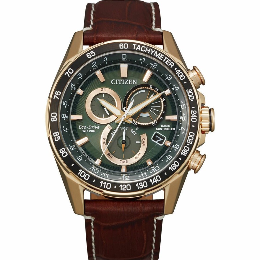 Watches * | On Sale Pcat Men'S Watch In Leather & Yellow Gold-Tone Ion-Plated Stainless Steel, 43Mm