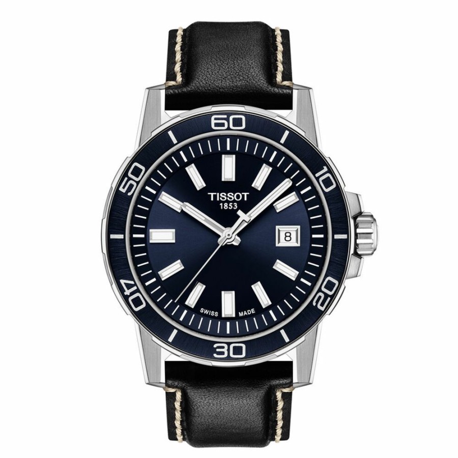 Watches * | Sales Online Blue Supersport Gent Men'S Watch With Black Leather Bracelet In Stainless Steel