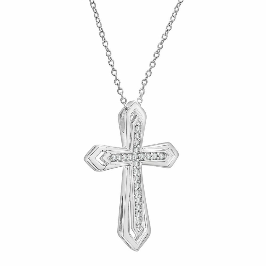 Pendants * | Super Specials Cut-Out Diamond Cross Pendant In Sterling Silver (1/10 Ct. Tw.)